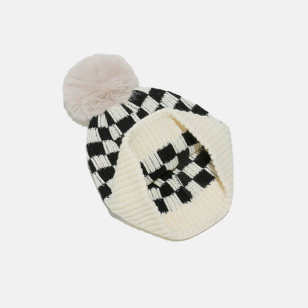 Checkered Knit Hat with Pompom - Delanoir