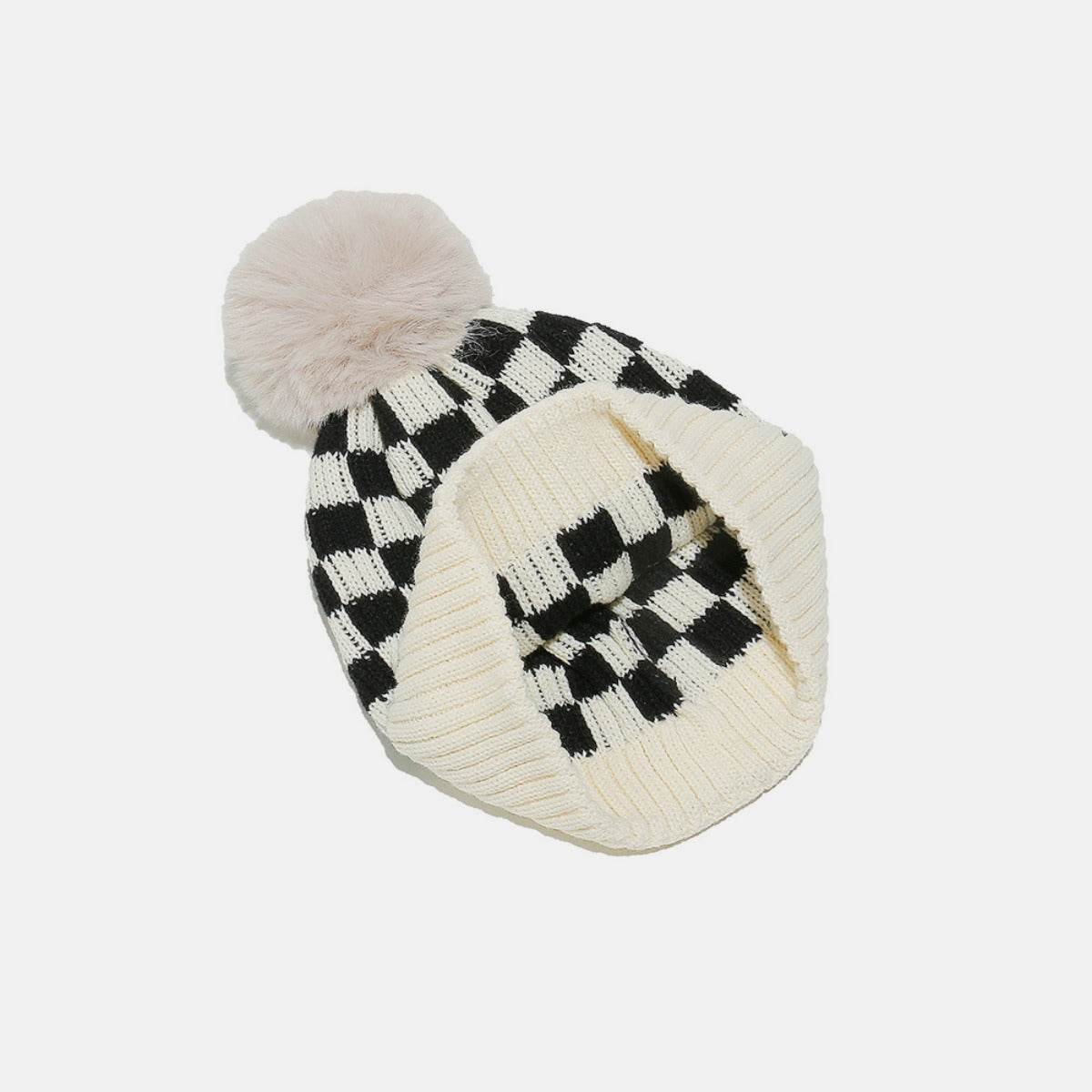 Checkered Knit Hat with Pompom - Delanoir