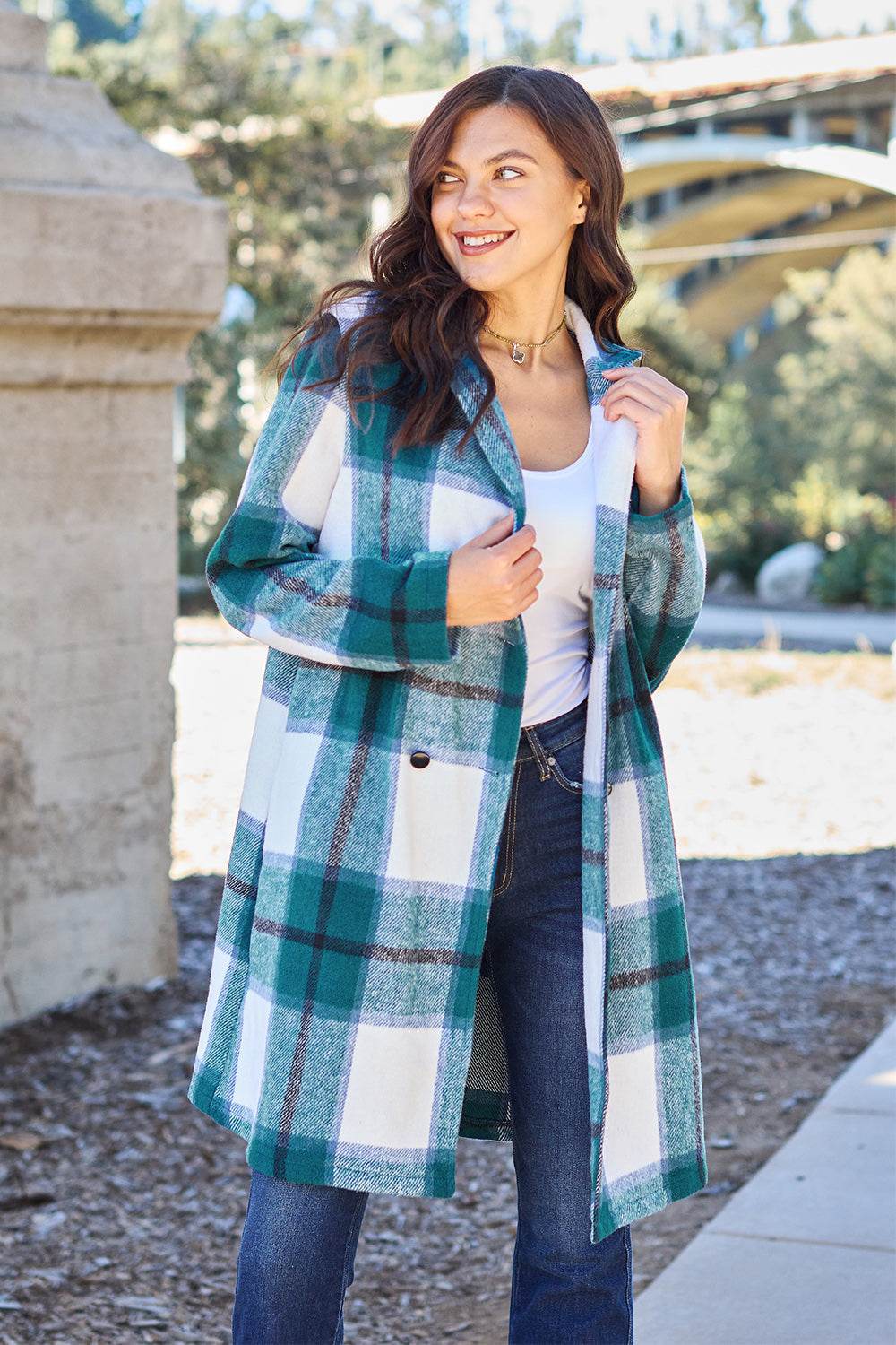 Double Take Full Size Plaid Button Up Lapel Collar Coat - Delanoir