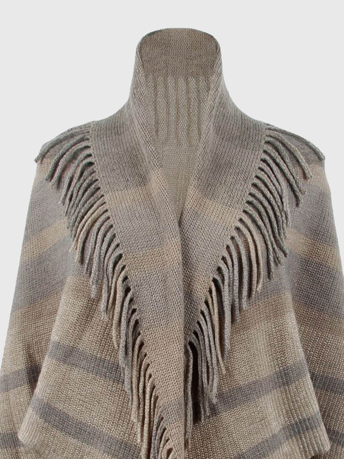 Fringe Detail Open Front Poncho - Delanoir