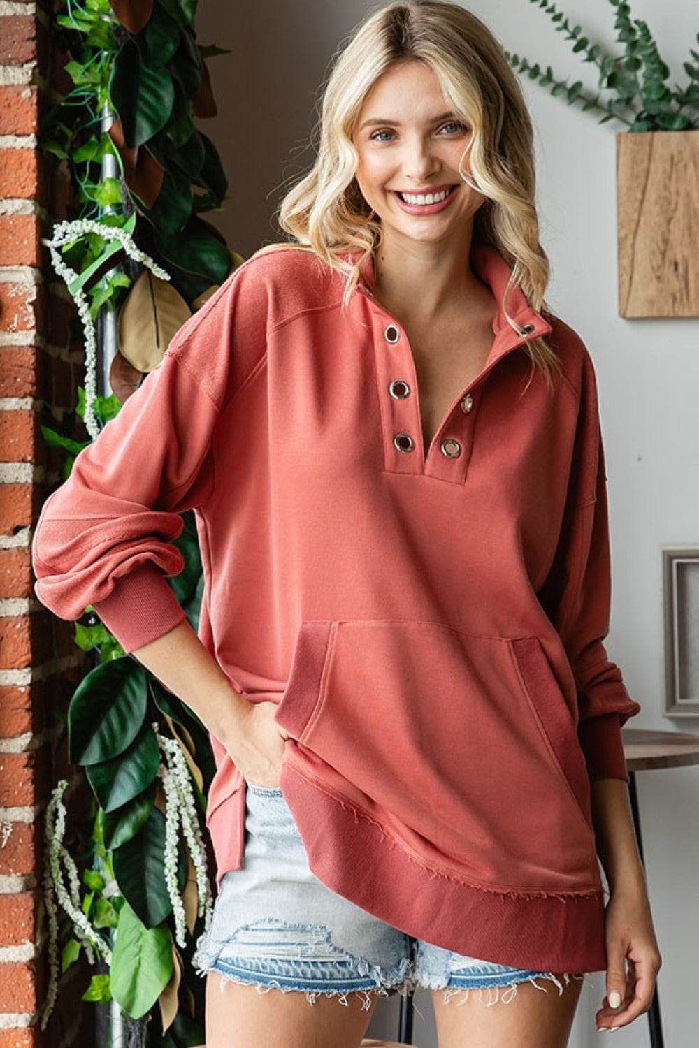 First Love Grommet Split Neck Kangaroo Pocket Sweatshirt - Delanoir