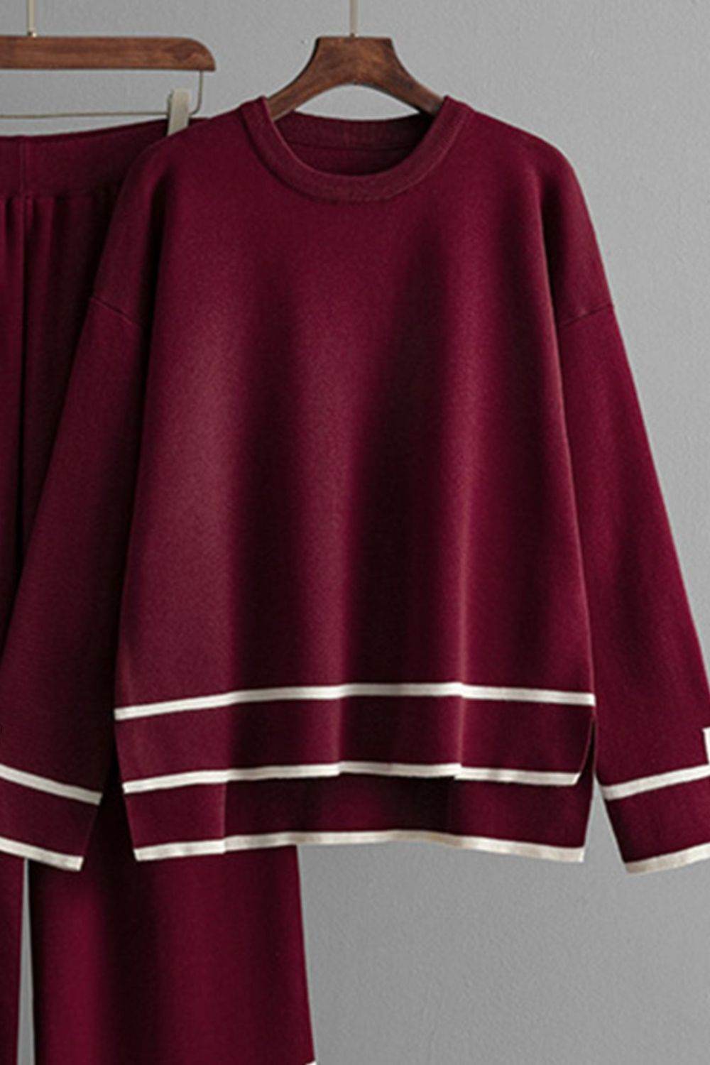 High-Low Round Neck Top and Pants Sweater Set - Delanoir