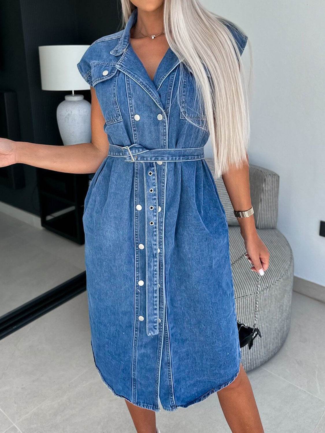 Collared Neck Cap Sleeve Denim Dress - Delanoir