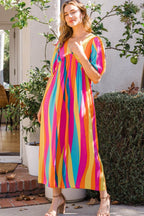 ODDI Full Size Striped Puff Sleeve Wide Leg Jumpsuit - Delanoir