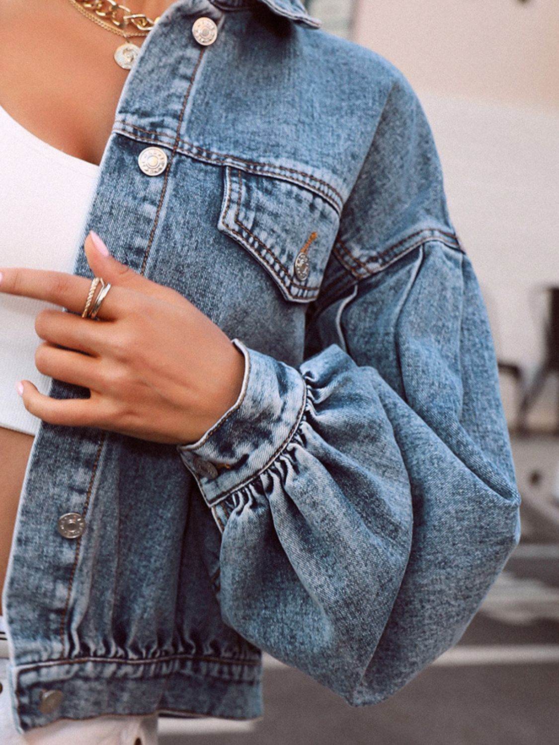 Collared Neck Dropped Shoulder Denim Top - Delanoir