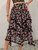 Lace Detail Layered Printed Skirt - Delanoir