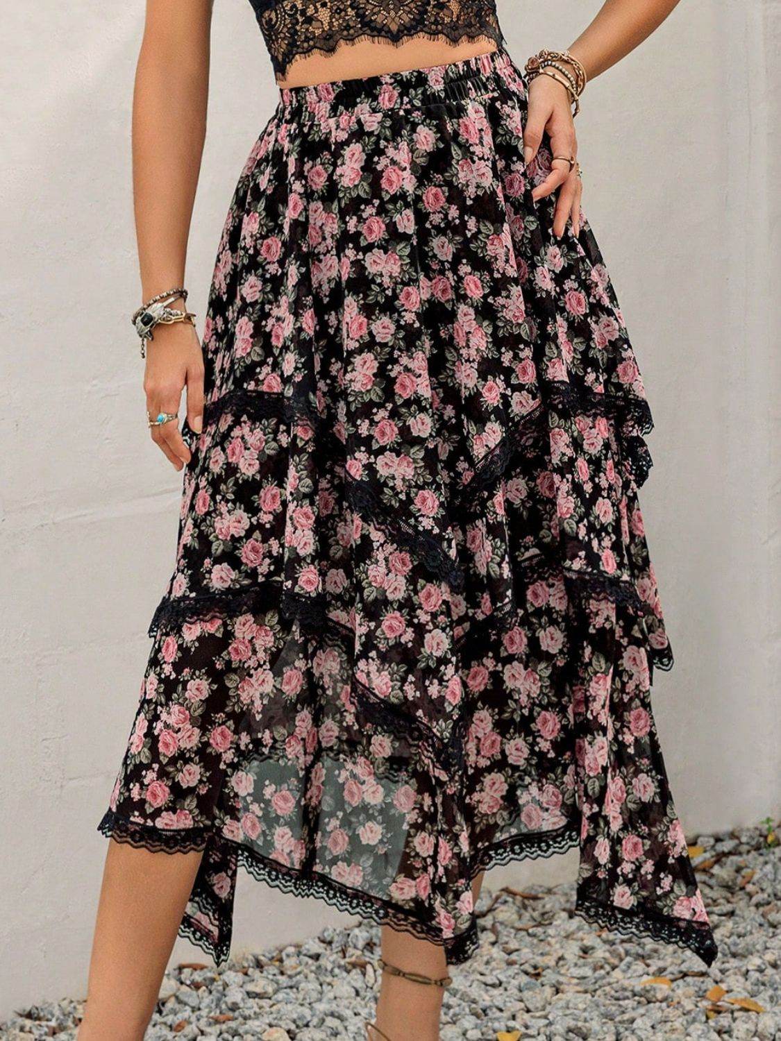 Lace Detail Layered Printed Skirt - Delanoir