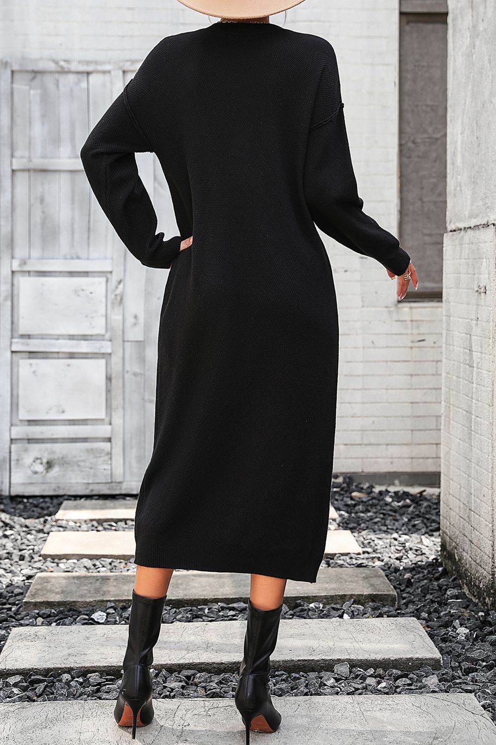 Decorative Button Notched Dropped Shoulder Sweater Dress - Delanoir
