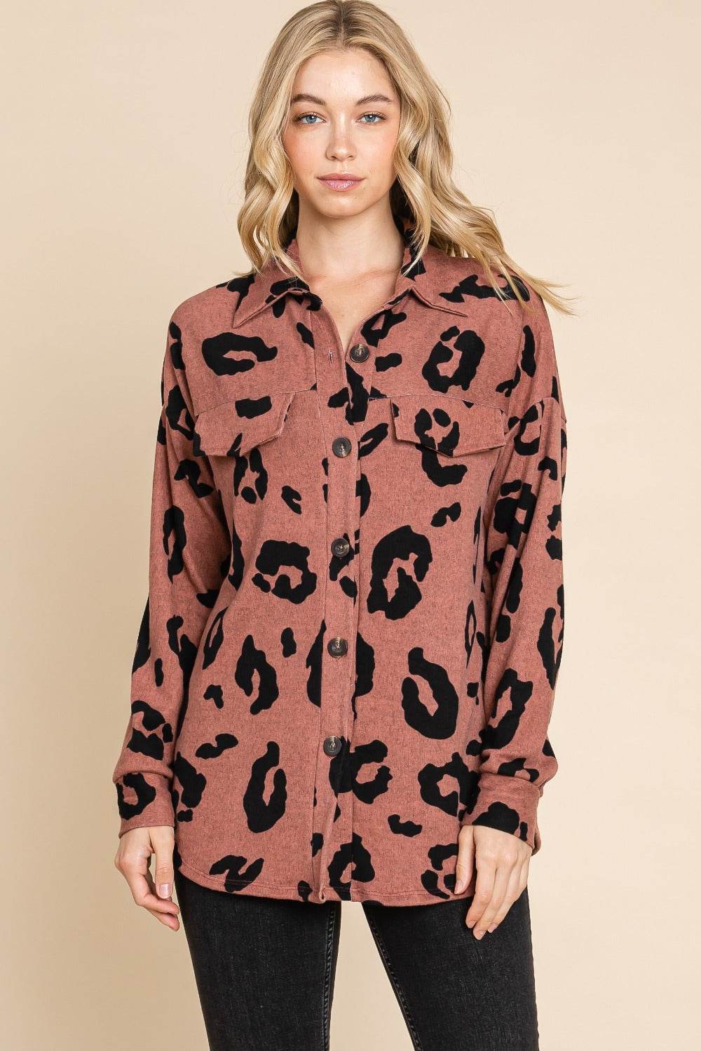 BOMBOM Animal Print Button Up Knit Shacket - Delanoir