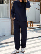 Quarter Button Long Sleeve Top and Pants Set - Delanoir