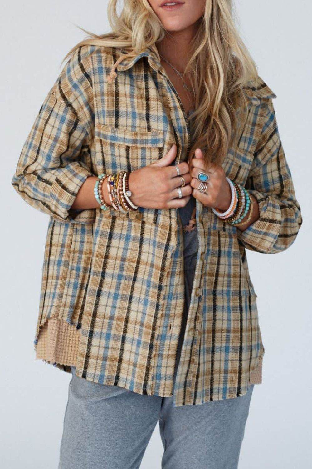 Drawstring Waffle Knit Patchwork Hooded Plaid Shacket - Delanoir