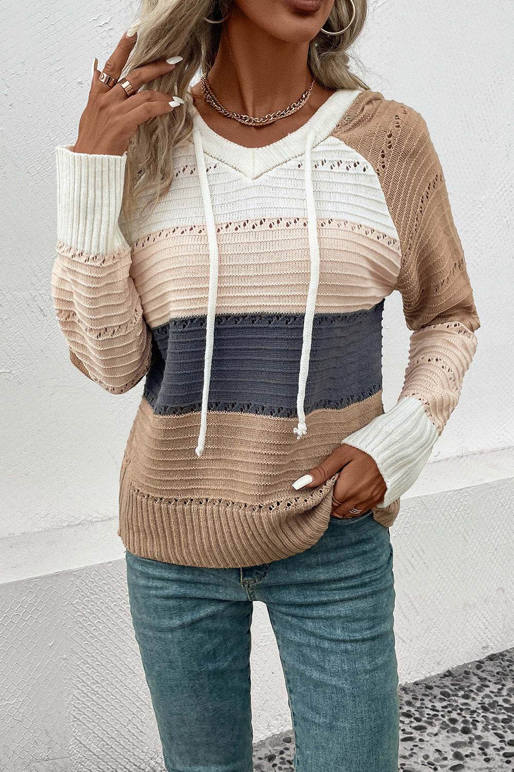 Perfee Color Block Drawstring Hooded Sweater - Delanoir