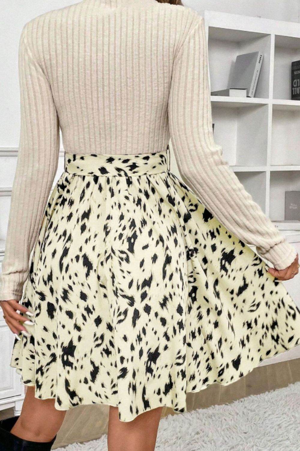 Printed Tie Waist Mock Neck Long Sleeve Dress - Delanoir