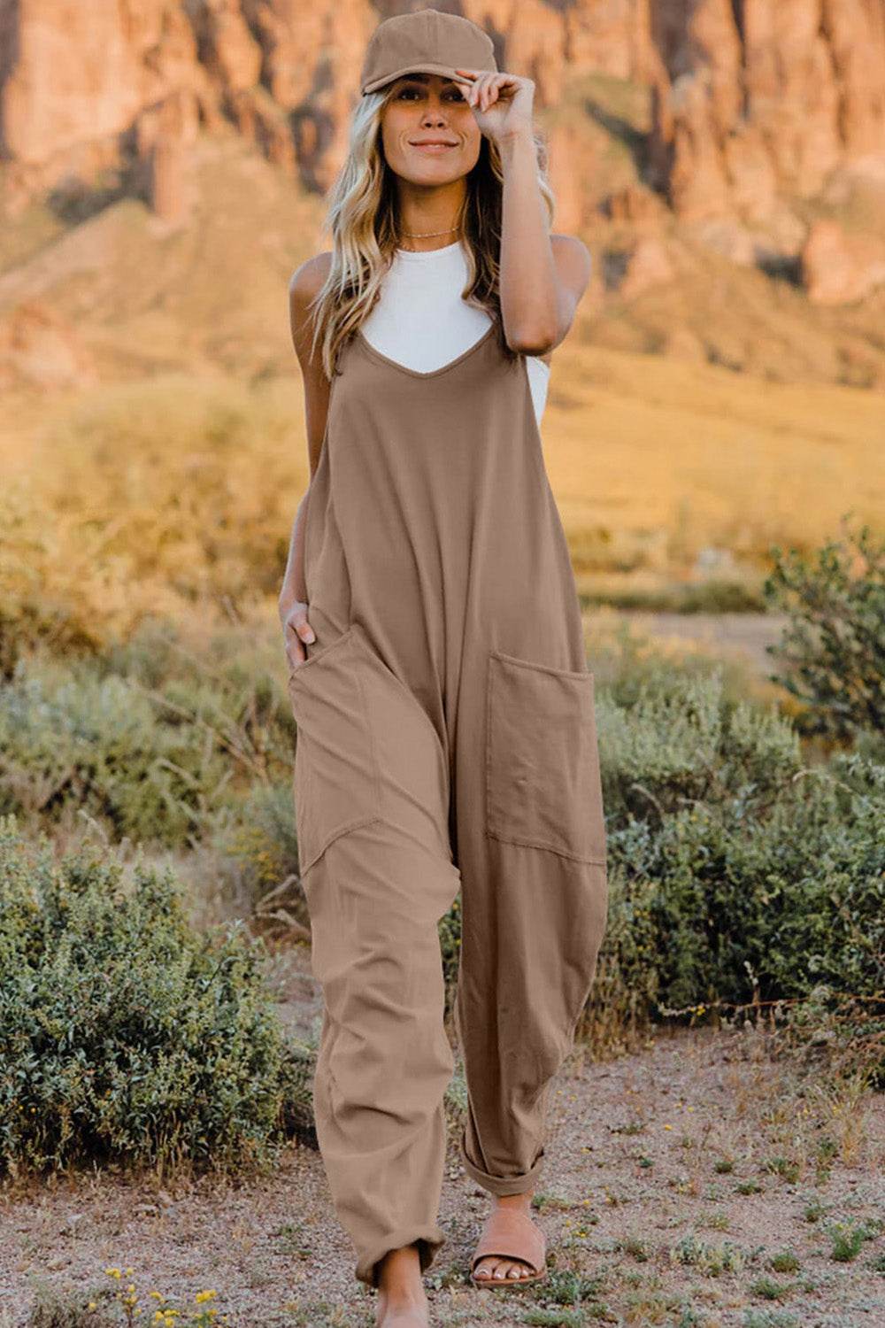 Double Take Full Size V-Neck Sleeveless Jumpsuit with Pockets - Delanoir