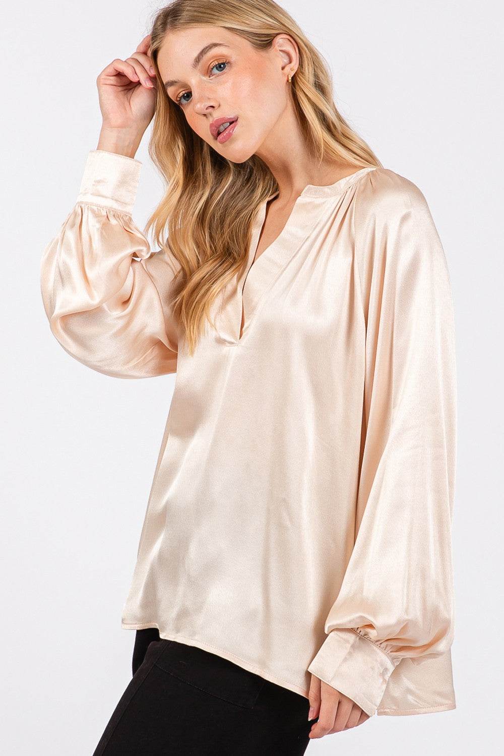 SAGE + FIG Notched Long Sleeve Blouse - Delanoir