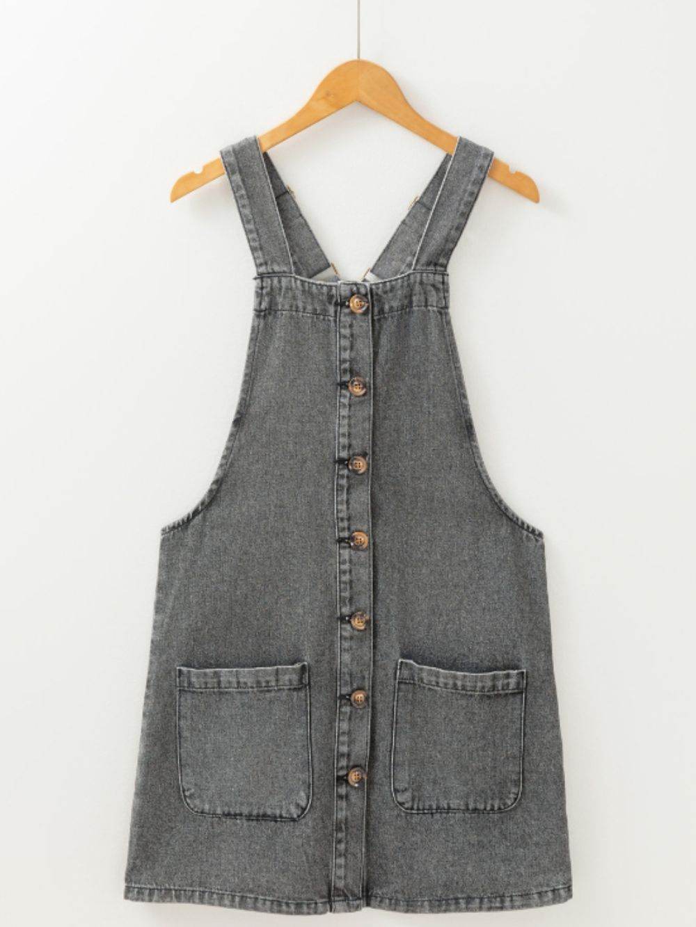 Wide Strap Button Down Denim Overall Dress - Delanoir