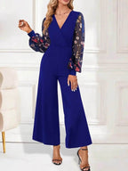 Surplice Embroidered Long Sleeve Wide Leg Jumpsuit - Delanoir
