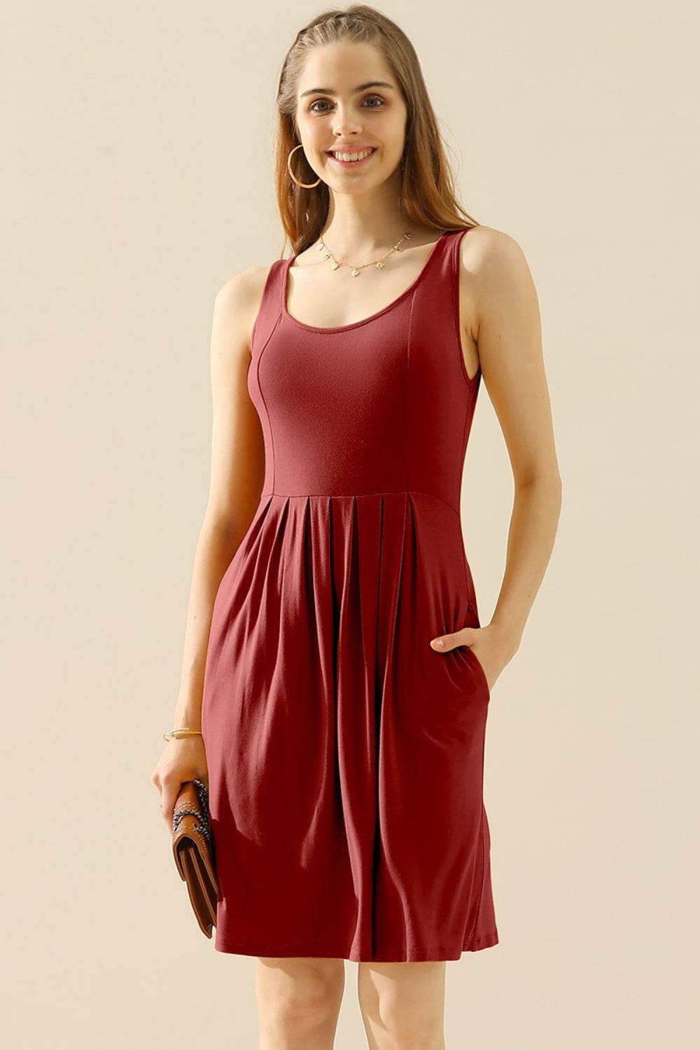 Doublju Full Size Round Neck Ruched Sleeveless Dress with Pockets - Delanoir