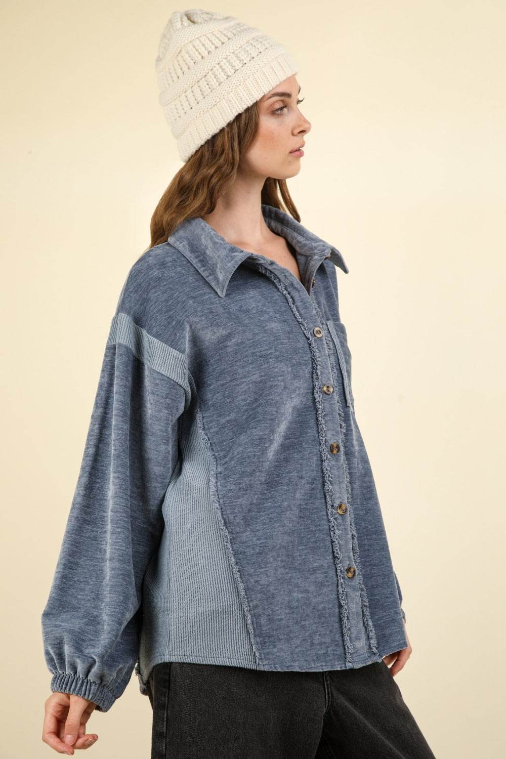 VERY J Mixed Media Button Down Raw Hem Shacket - Delanoir