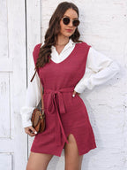 Tie Front V-Neck Sleeveless Slit Sweater Dress - Delanoir