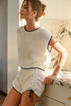 Contrast Trim Round Neck Top and Shorts Sweater Set - Delanoir