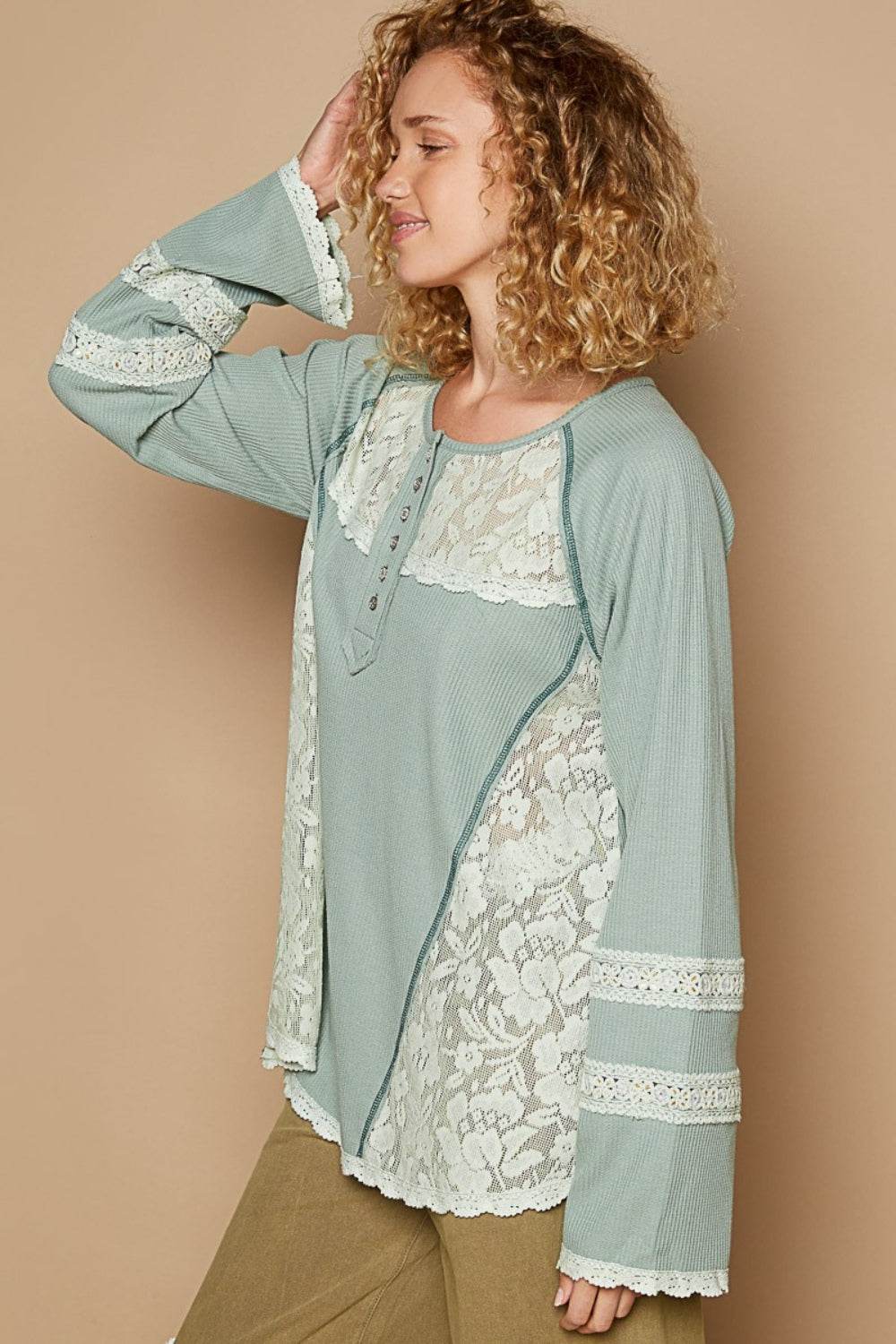 POL Round Neck Long Sleeve Lace Trim Thermal Top - Delanoir