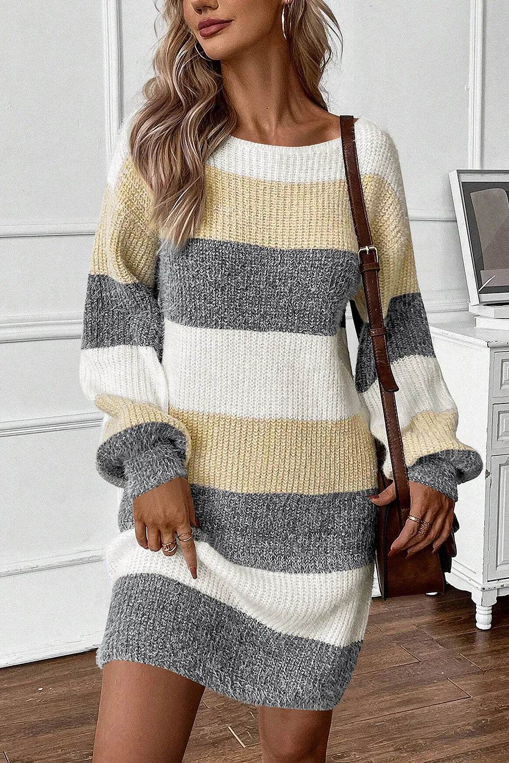 Color Block Boat Neck Long Sleeve Sweater Dress - Delanoir