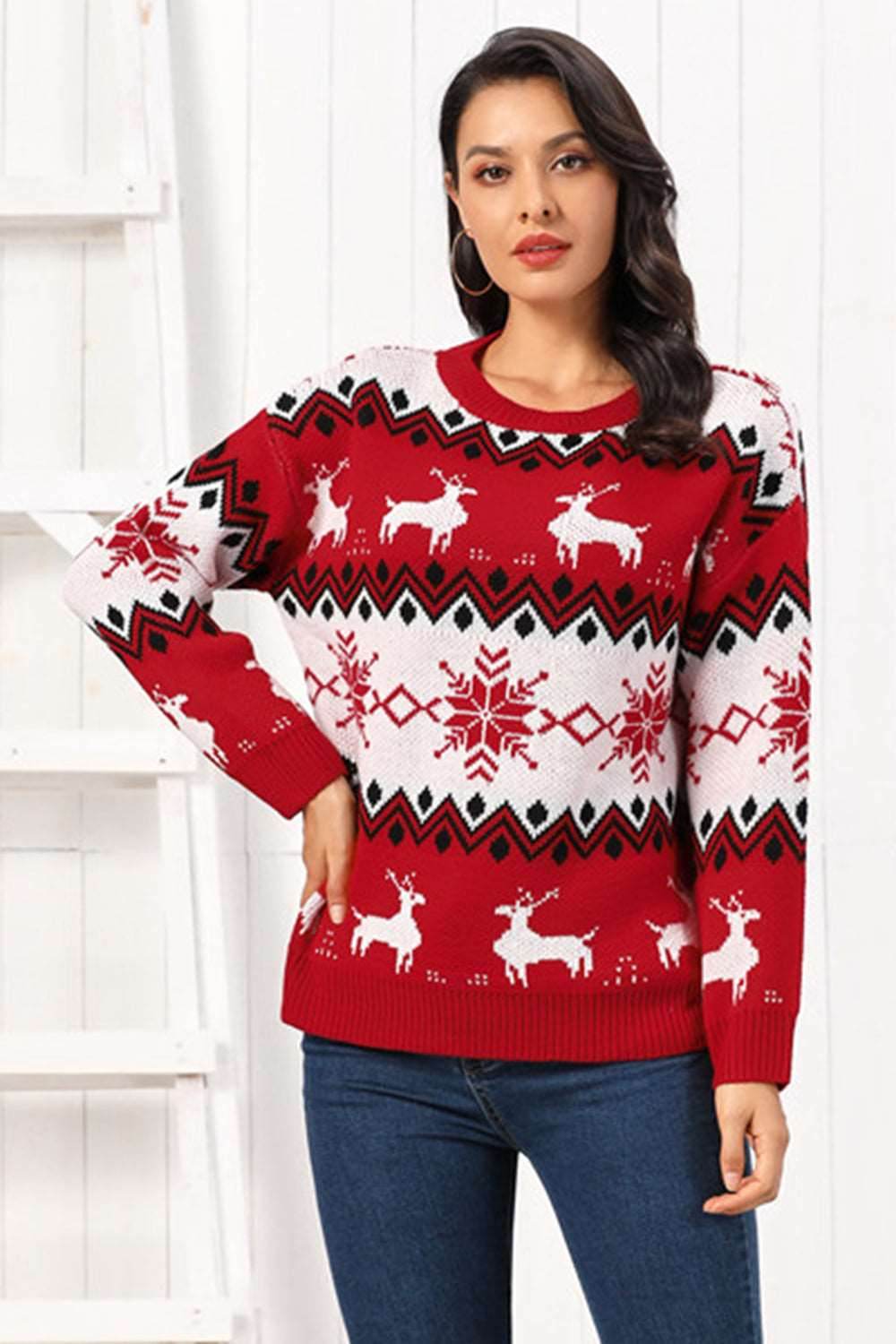 Reindeer Round Neck Sweater - Delanoir