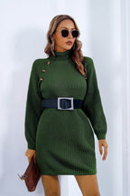 Buttoned Turtleneck Long Sleeve Sweater Dress - Delanoir