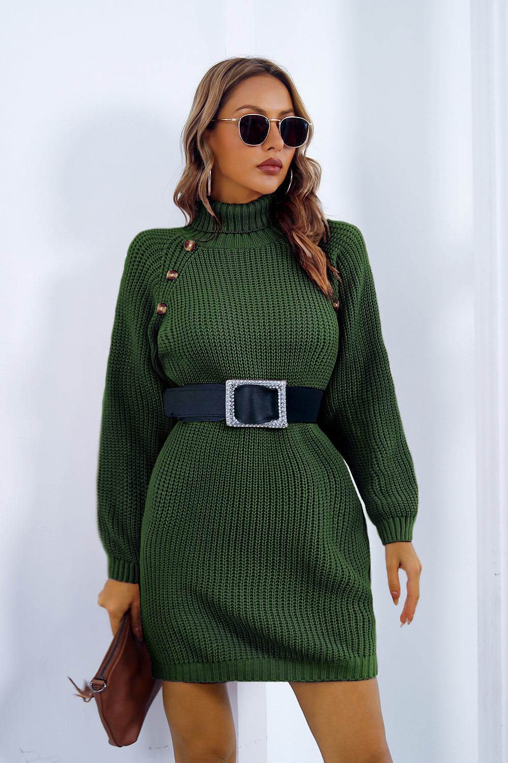 Buttoned Turtleneck Long Sleeve Sweater Dress - Delanoir