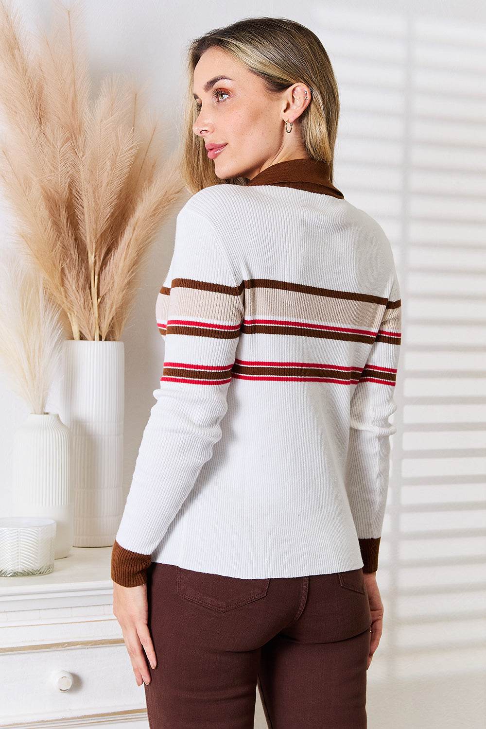 Basic Bae Striped Collared Neck Rib-Knit Top - Delanoir