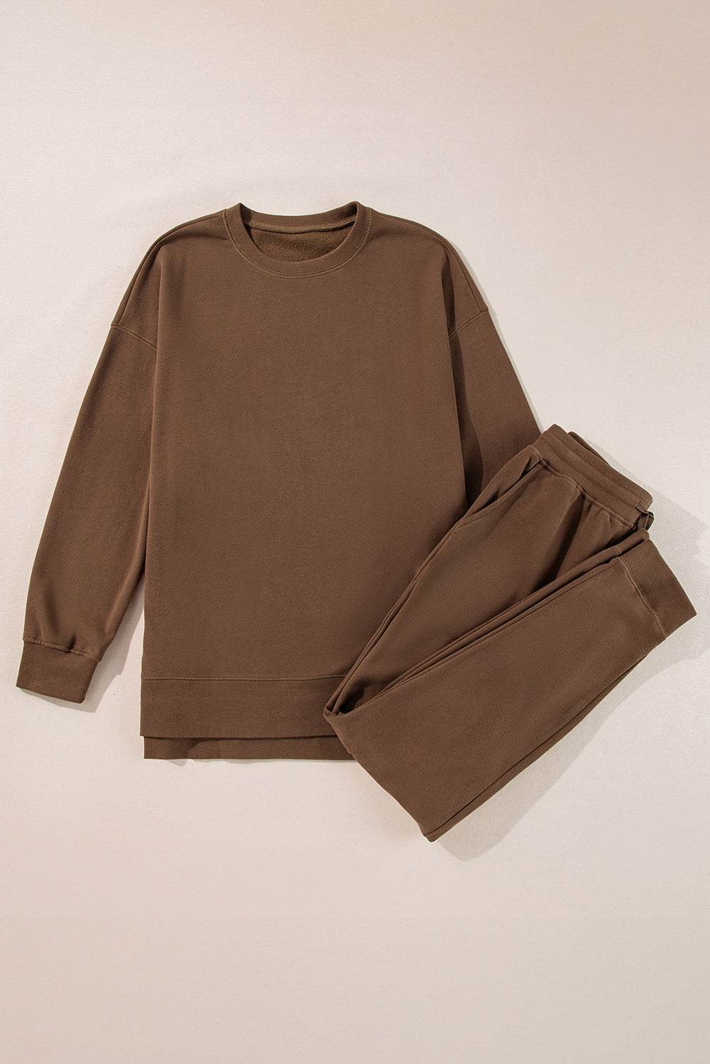 Side Slit Round Neck Long Sleeve Top and Pants Set - Delanoir