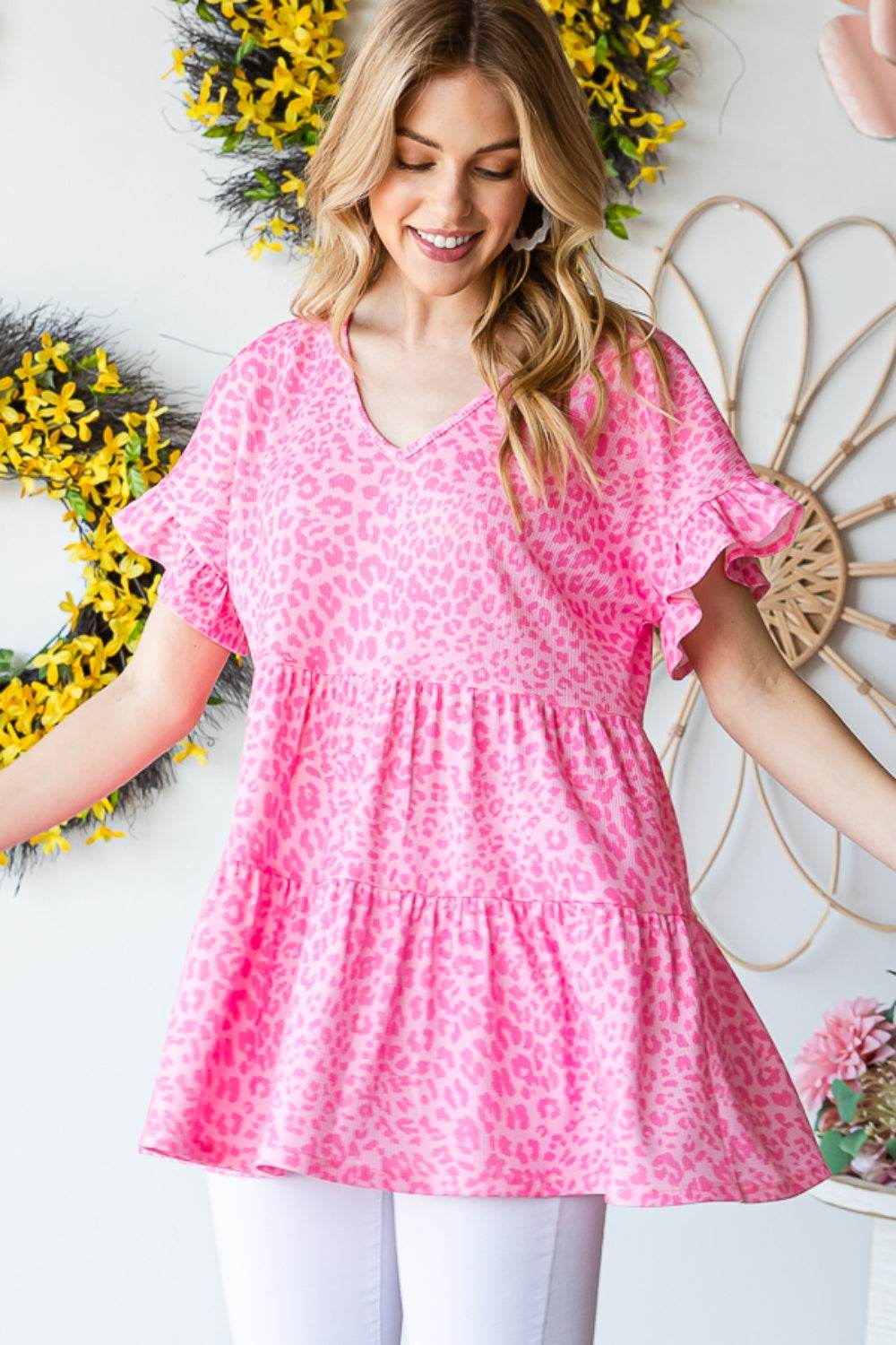 Heimish Full Size Leopard Ruffle Trim Short Sleeve Top - Delanoir