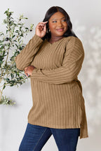 Basic Bae Full Size Ribbed Round Neck Long Sleeve Slit Top - Delanoir