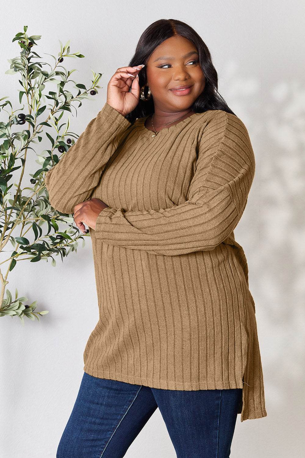 Basic Bae Full Size Ribbed Round Neck Long Sleeve Slit Top - Delanoir