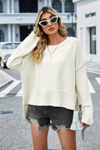 High-Low Slit Round Neck Long Sleeve Sweater - Delanoir
