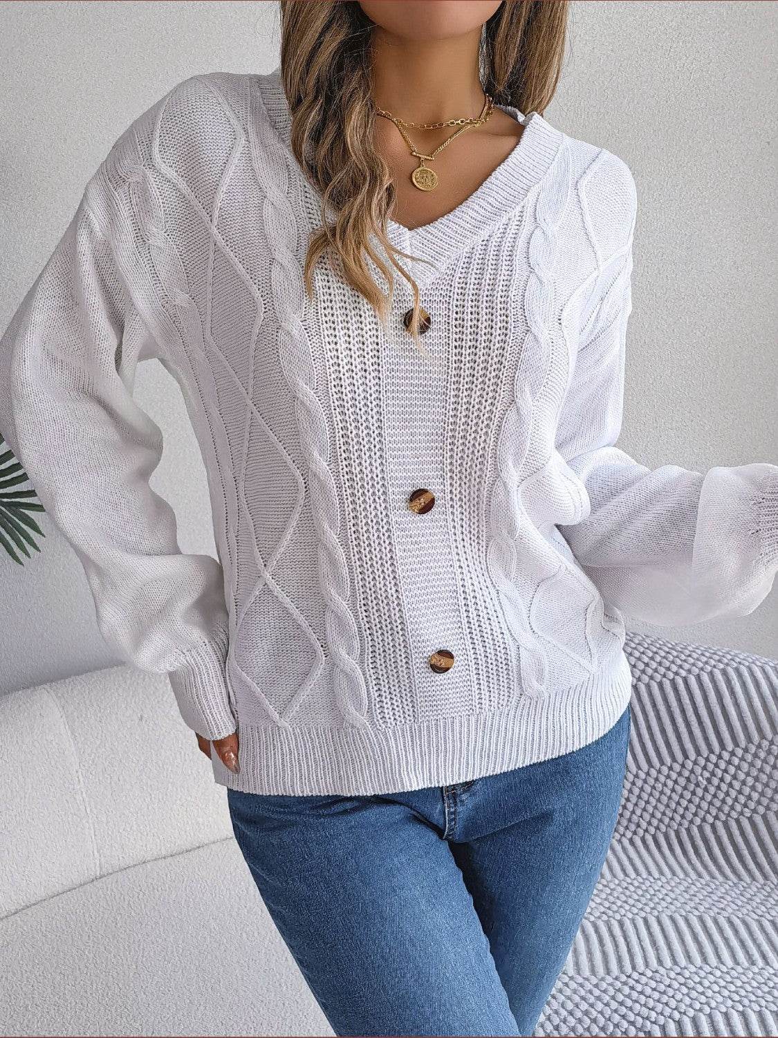 Cable-Knit Buttoned V-Neck Sweater - Delanoir
