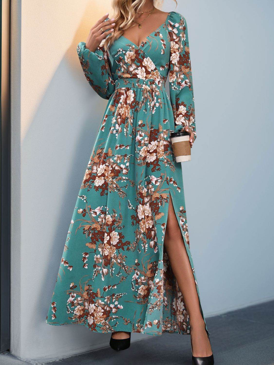 Perfee Slit Printed Surplice Long Sleeve Maxi Dress - Delanoir