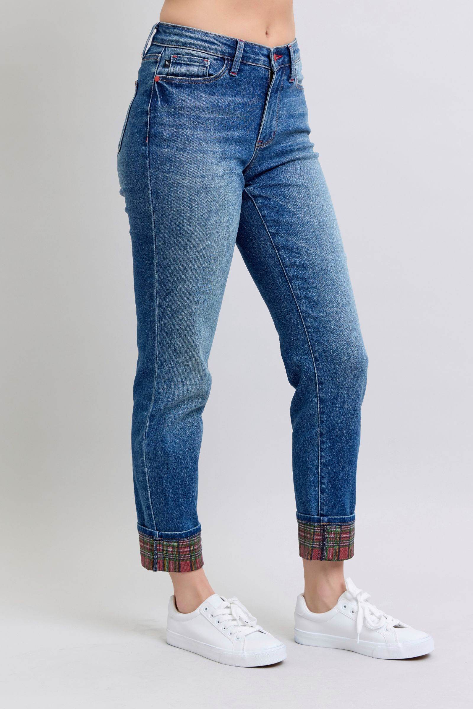 Judy Blue Full Size Plaid Print Cuff Straight Leg Jeans with Pockets - Delanoir