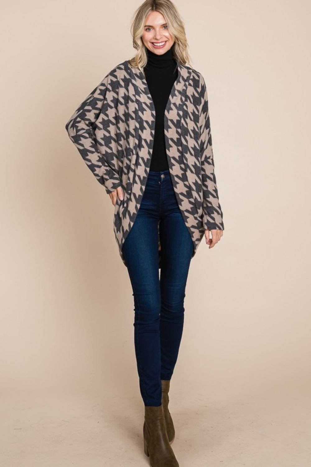 BOMBOM Houndstooth Open Front Cocoon Knit Cardigan - Delanoir