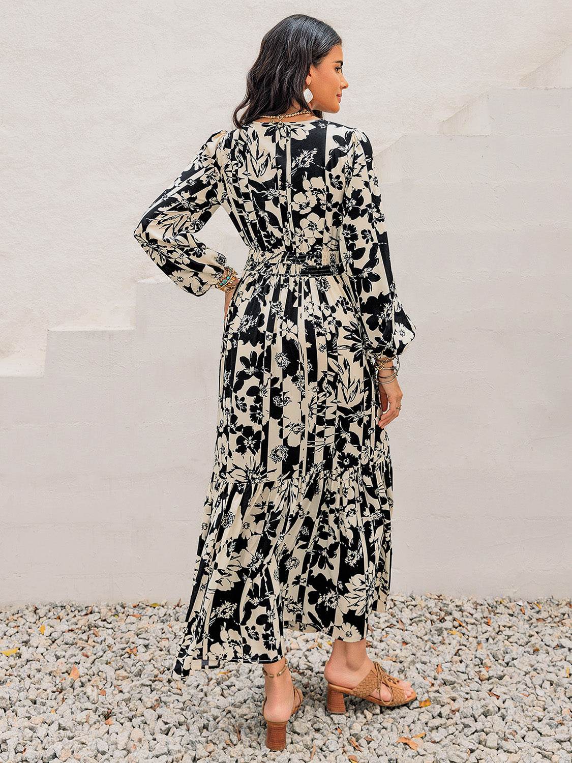 Smocked Printed Tie Neck Long Sleeve Dress - Delanoir