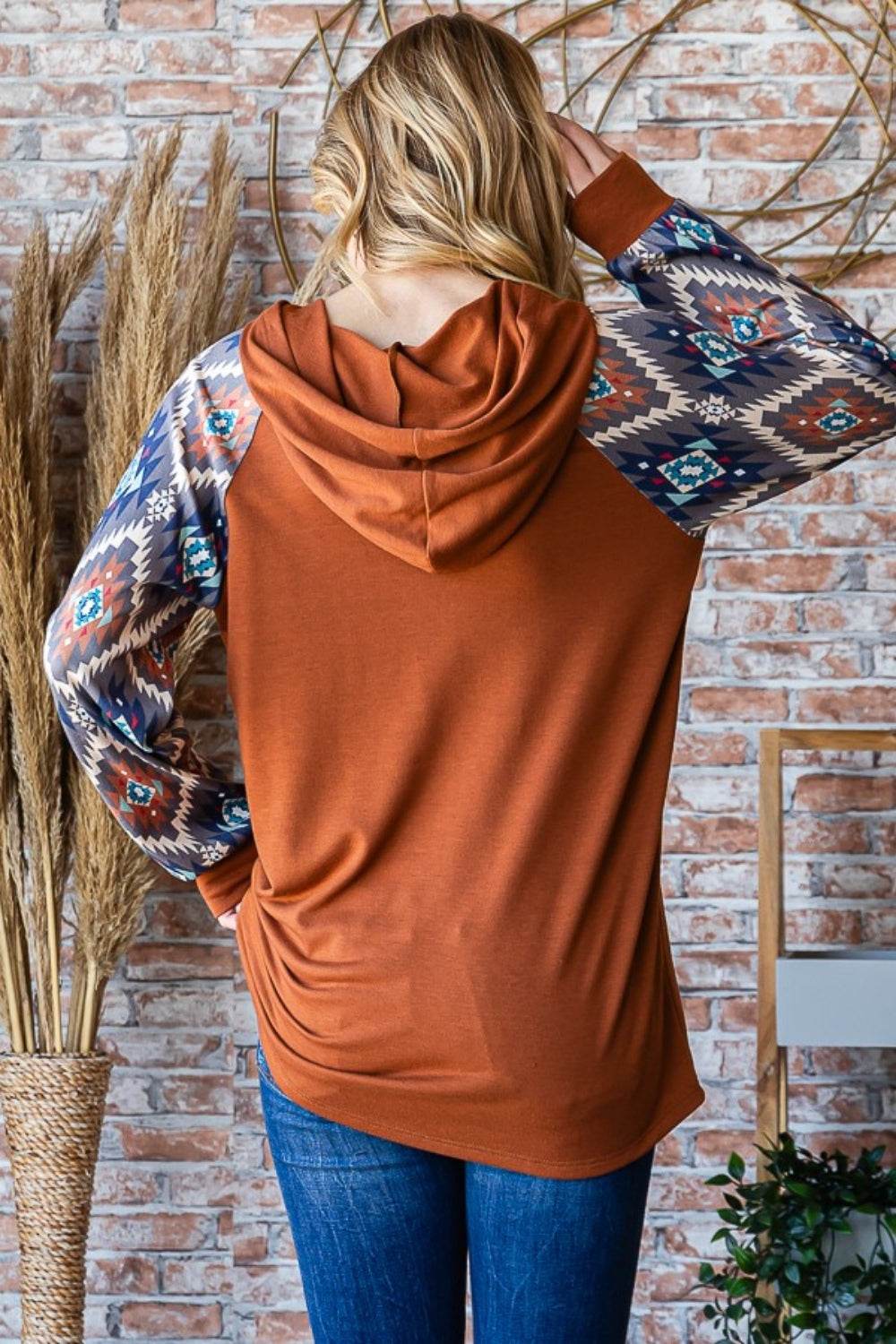 Heimish Full Size Half Button Printed Long Sleeve Hooded Top - Delanoir