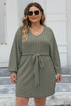 Plus Size Ribbed Tie Front Long Sleeve Sweater Dress - Delanoir