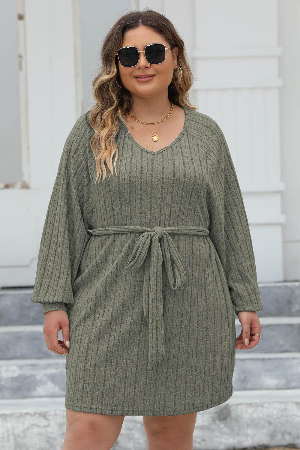 Plus Size Ribbed Tie Front Long Sleeve Sweater Dress - Delanoir