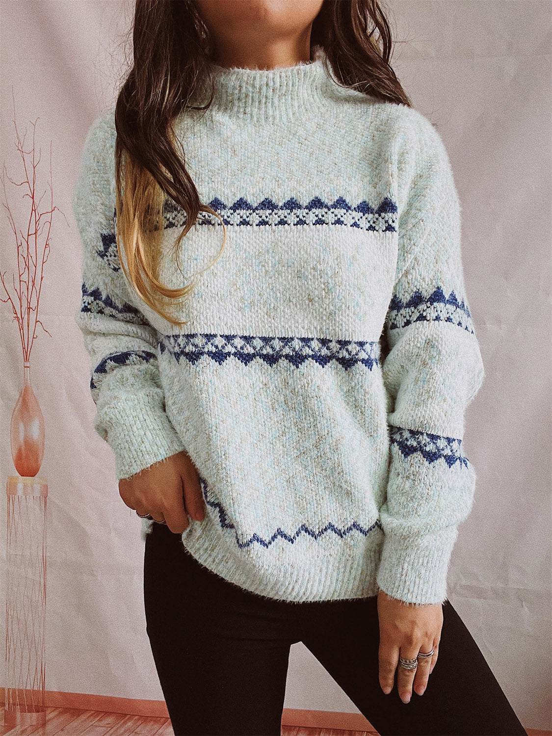 Geometric Mock Neck Dropped Shoulder Sweater - Delanoir