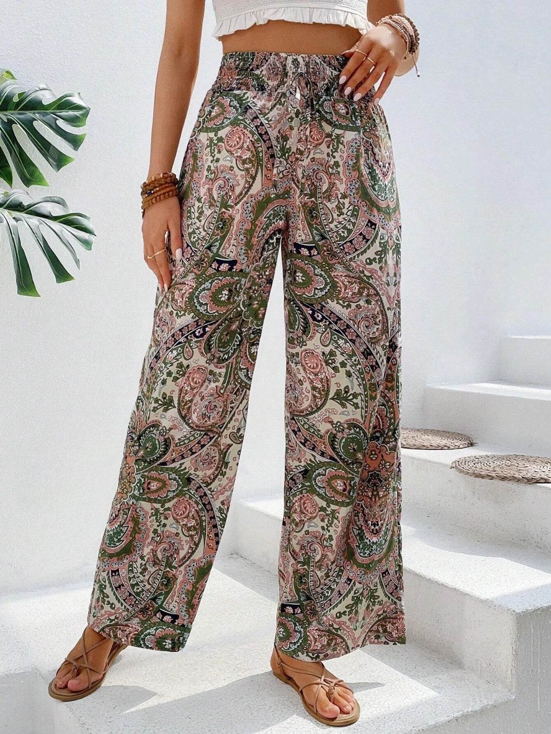 Printed Wide Leg Pants - Delanoir