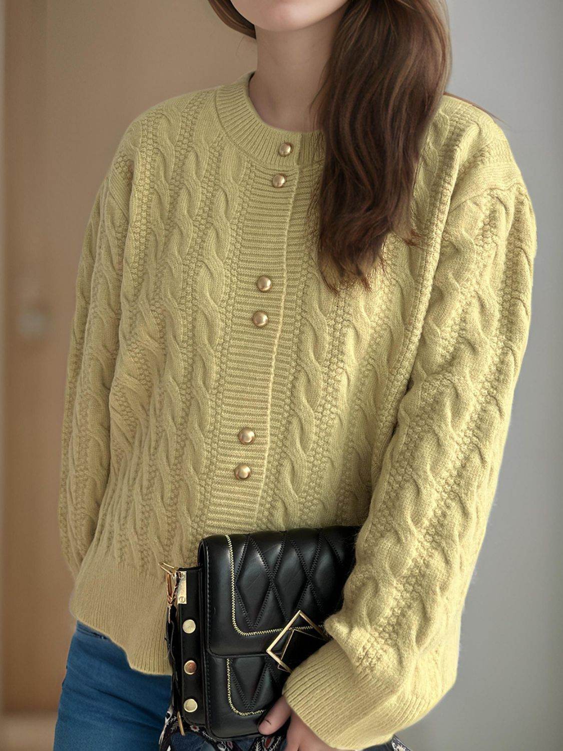 Cable-Knit Round Neck Long Sleeve Cardigan - Delanoir