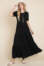 BOMBOM Short Sleeve Tiered Maxi Dress - Delanoir