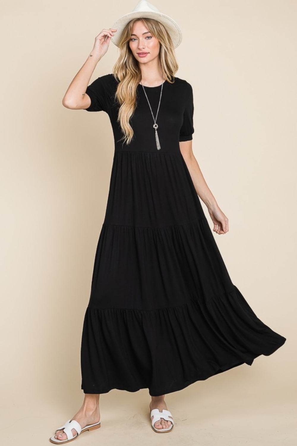BOMBOM Short Sleeve Tiered Maxi Dress - Delanoir