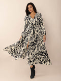 Tied Printed V-Neck Long Sleeve Midi Dress - Delanoir